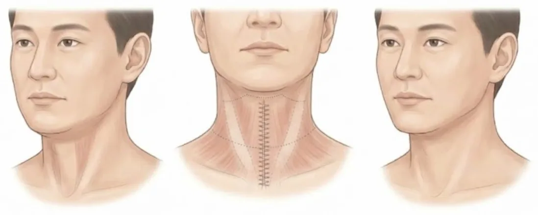 Illustrated steps of corset platysmaplasty at Garnet: loose neck muscle bands, the muscle drawn together at the midline, and the healed neck