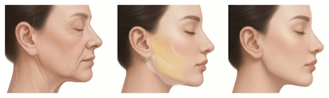 Illustrated steps of a deep mini facelift at Garnet: short incision line around the ear, the deeper layer lifted, and the healed profile