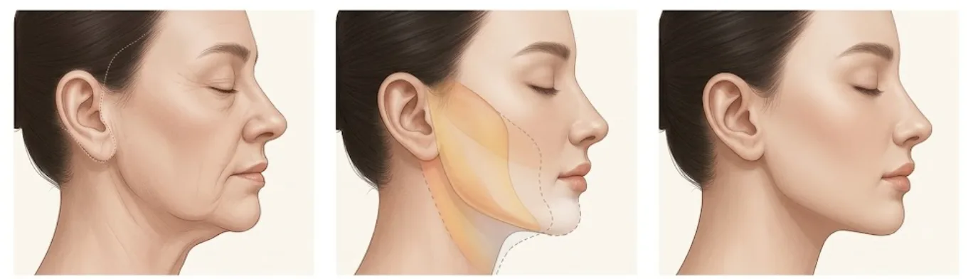 Illustrated steps of a deep-plane facelift at Garnet: incision line around the ear, the deeper facial layer lifted as one unit, and the healed profile