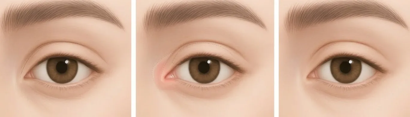 Illustrated steps of epicanthoplasty at Garnet: inner-corner fold outlined, the fold released at the inner corner, and the healed eye shape