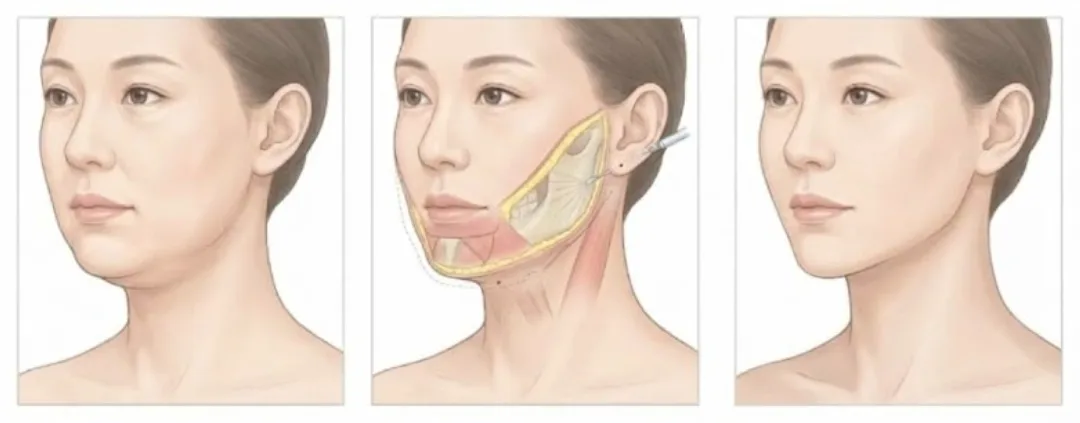 Illustrated steps of neck, cheek and jawline liposuction at Garnet: fullness along the jaw, the fat area treated through tiny openings, and the healed contour