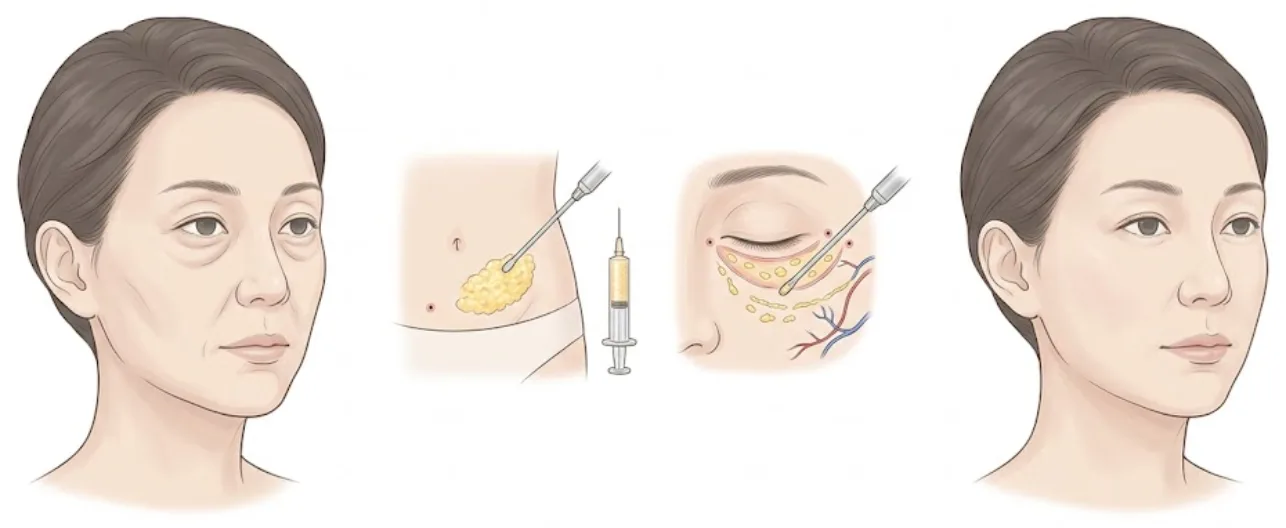 Illustrated steps of fat grafting at Garnet: facial volume loss, fat taken from the abdomen and refined, placed in small amounts, and the healed face