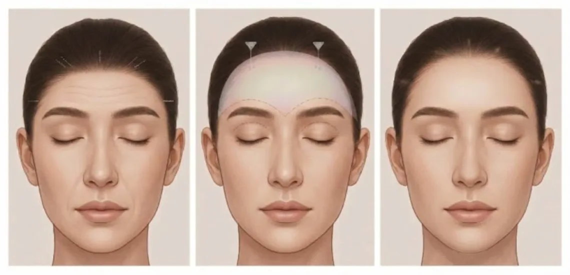 Illustrated steps of a forehead lift at Garnet: forehead lines, the forehead tissue lifted and held at fixation points behind the hairline, and the healed brow