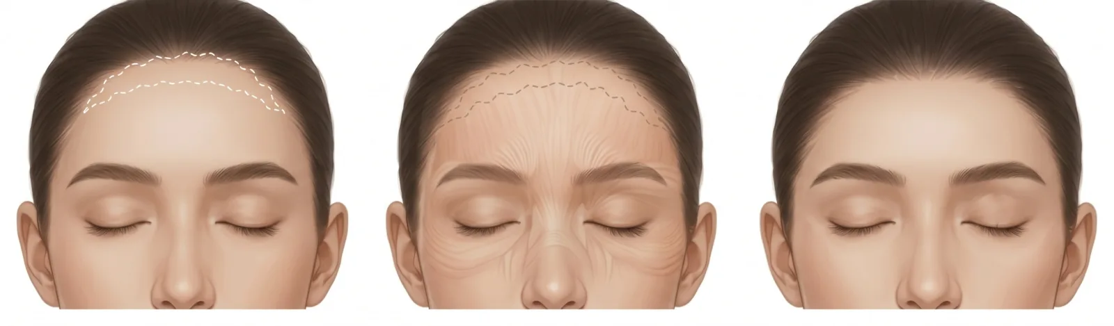Illustrated steps of forehead reduction at Garnet: incision line along the hairline, the hairline brought forward, and the healed shorter forehead