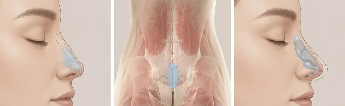 Illustrated steps of implant-free rhinoplasty at Garnet: the nasal framework in profile, a tissue graft source area, and the reshaped nose built from the patient's own tissue