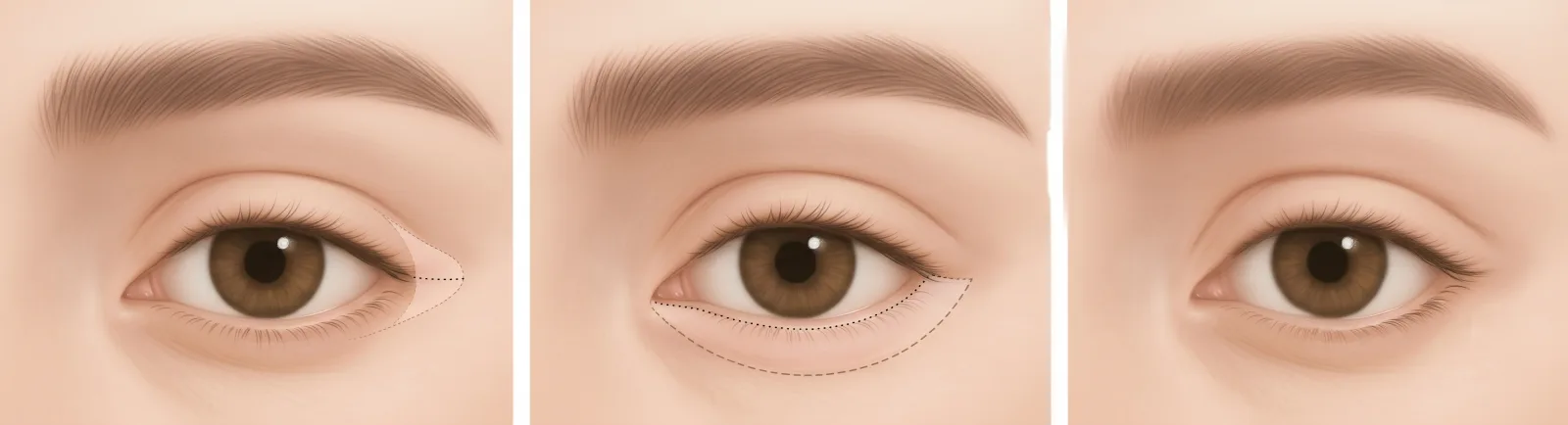 Illustrated steps of lateral and lower canthoplasty at Garnet: outer corner outlined, lower lid line extended, and the healed eye shape