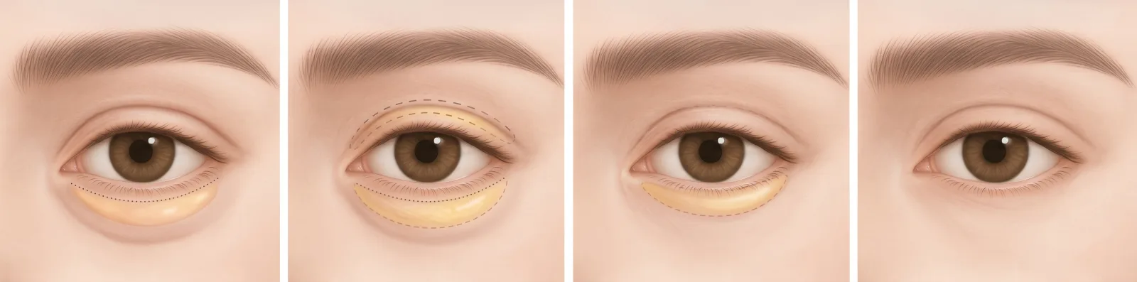 Illustrated steps of lower blepharoplasty at Garnet: under-eye fat outlined, repositioned over the rim, and the smooth healed lower lid