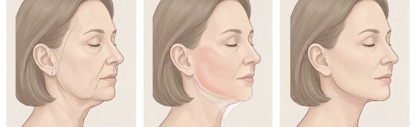 Illustrated steps of a mini facelift at Garnet: short incision line in front of the ear, the lower face and jawline area lifted, and the healed profile