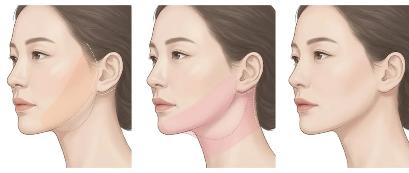 Illustration of facelift and neck lift treatment areas at Garnet: the lower face and jawline zone, the neck zone below the jaw, and the healed profile