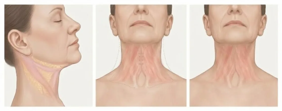 Illustrated steps of Pelican double-chin and neck contouring at Garnet: fat beneath the jaw, the neck muscle bands, and the cleaner healed neckline
