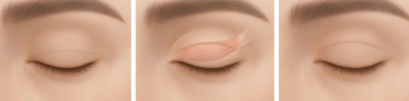 Illustrated steps of ptosis correction at Garnet: crease line marked, the eye-opening muscle beneath the lid, and the healed upper lid