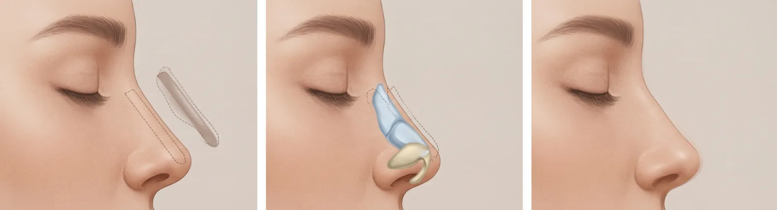 Illustrated steps of revision rhinoplasty at Garnet: a previous implant outlined, the framework rebuilt with cartilage, and the healed profile