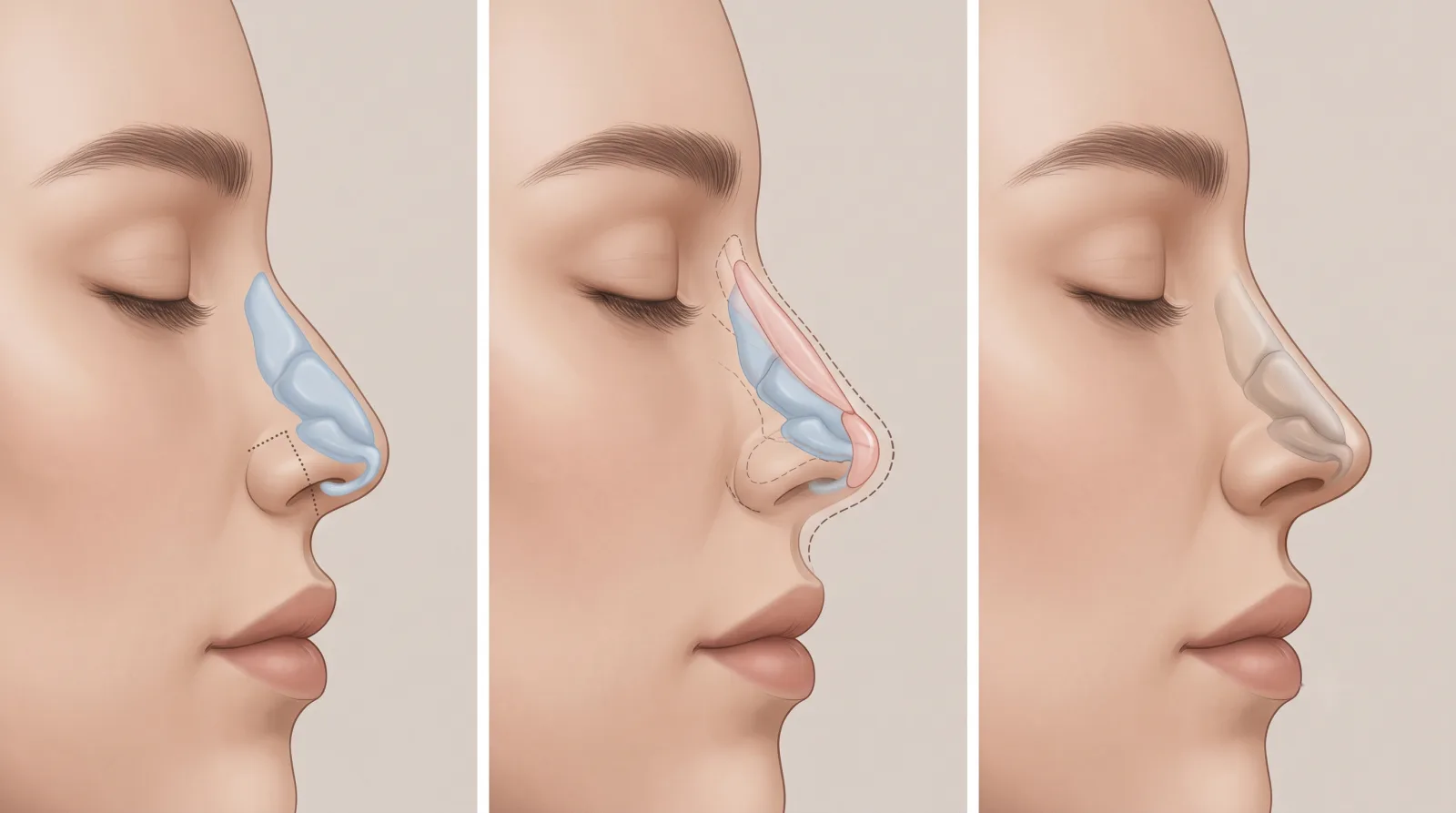 Illustrated steps of rhinoplasty at Garnet: the nasal cartilage framework in profile, reshaped bridge and tip, and the healed profile