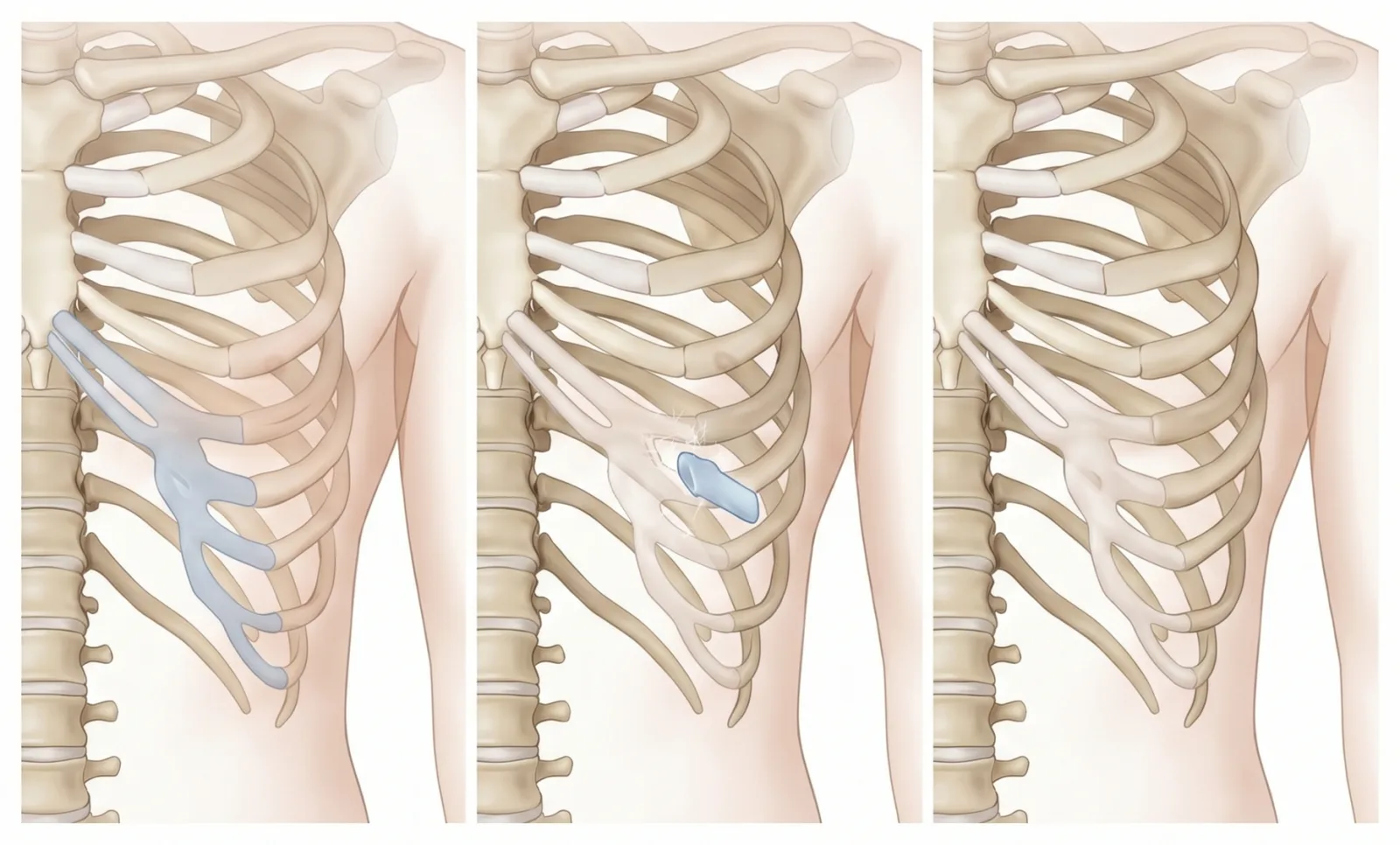 Illustration of rib cartilage harvest for rhinoplasty at Garnet: the rib cartilage on the chest wall, a small segment taken, and the healed area