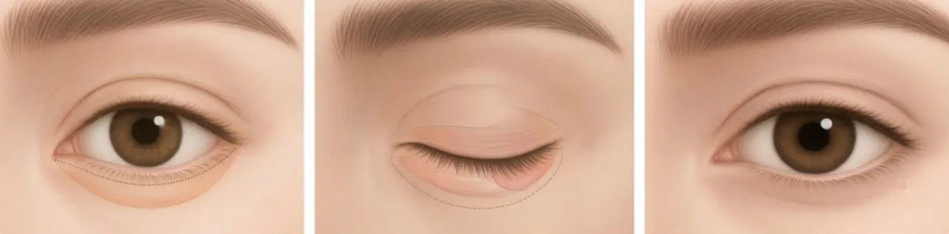 Illustrated steps of round eye correction at Garnet: rounded lower-lid line outlined, the lid line adjusted, and the calmer eye shape