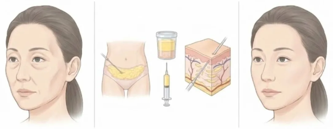 Illustrated steps of stem cell fat grafting at Garnet: facial volume loss, fat taken and processed, re-placed beneath the skin, and the healed face