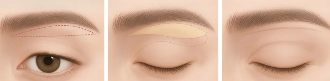 Illustrated steps of a sub-brow lift at Garnet: incision line just below the eyebrow, the strip of excess skin, and the healed upper lid