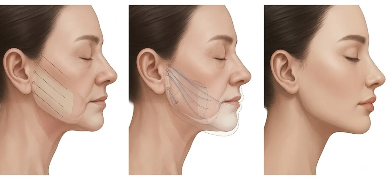 Illustrated steps of a Fixpoint thread lift at Garnet: thread paths across the cheek, threads anchored at fixed points, and the healed lower face