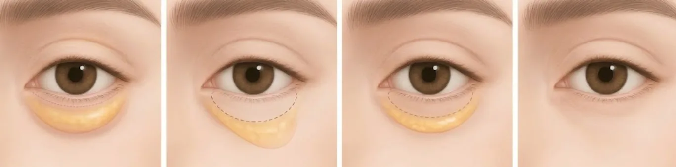 Illustrated steps of under-eye fat repositioning at Garnet: the under-eye fat pad, its new position over the hollow, and the smooth healed lower lid