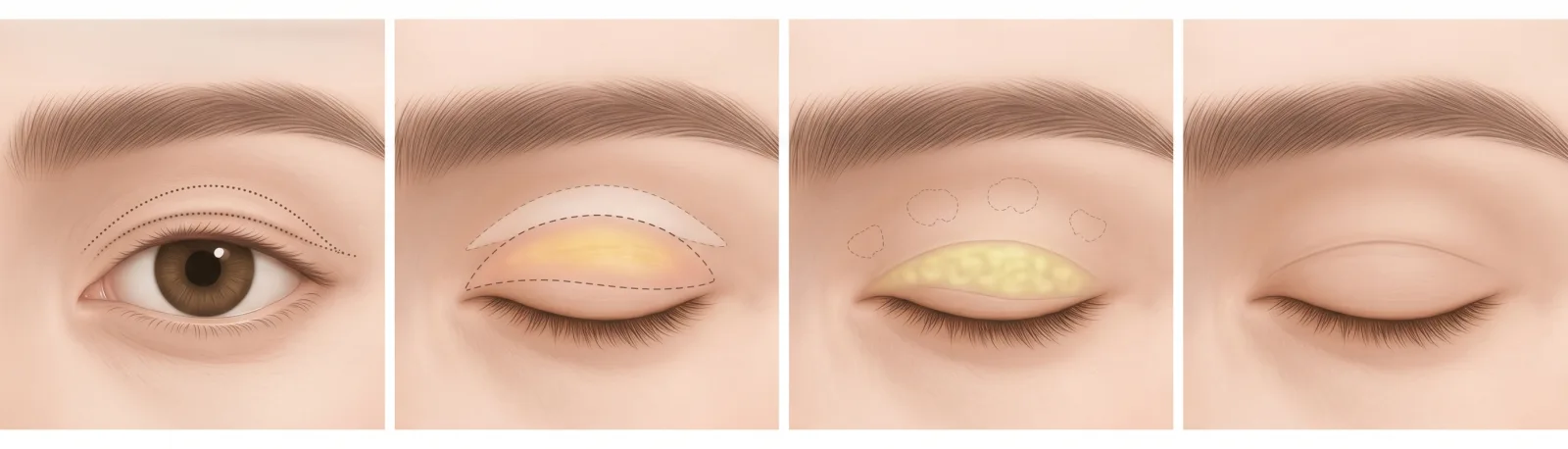 Illustrated steps of upper blepharoplasty at Garnet: crease line marked, excess skin outlined, fat pads shown, and the healed upper lid